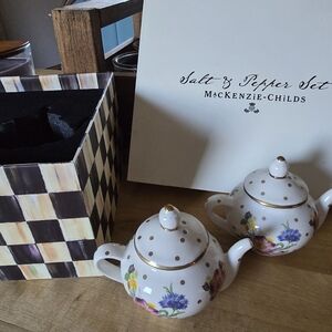 MacKenzie-Childs Floral Salt & Pepper Teapots - White with Gold Dots